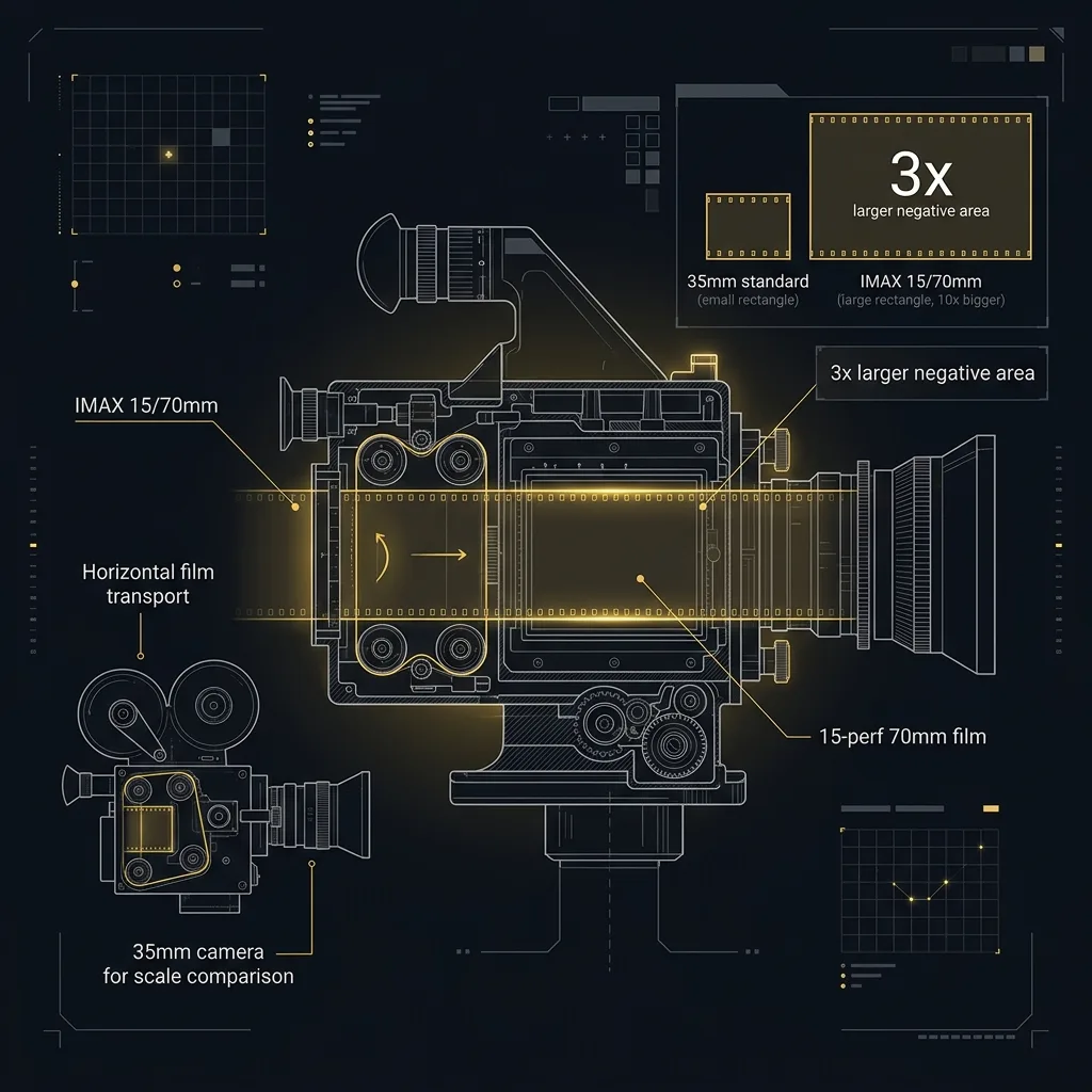 Technical diagram of IMAX camera showing horizontal film transport and 15-perf 70mm film