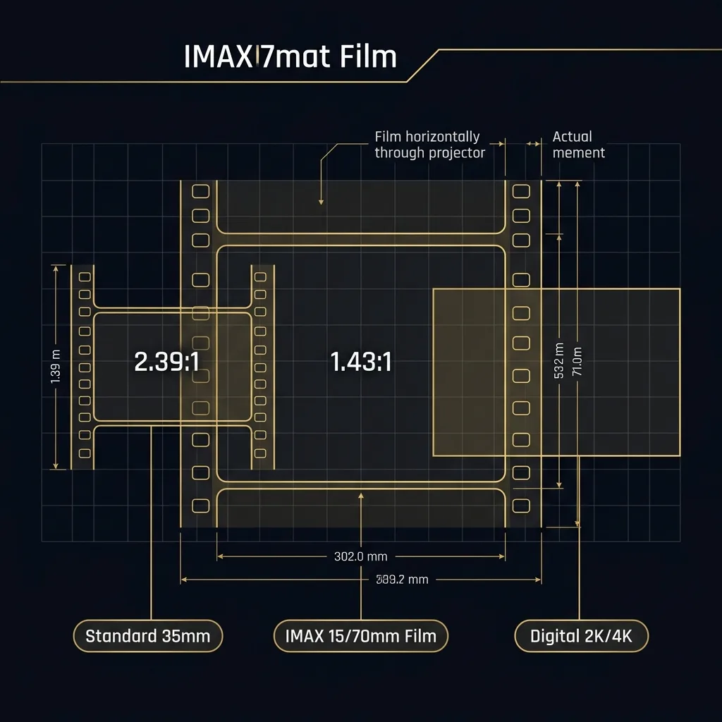 Technical comparison of standard 35mm film, IMAX 15/70mm film, and digital cinema formats showing frame sizes and aspect ratios