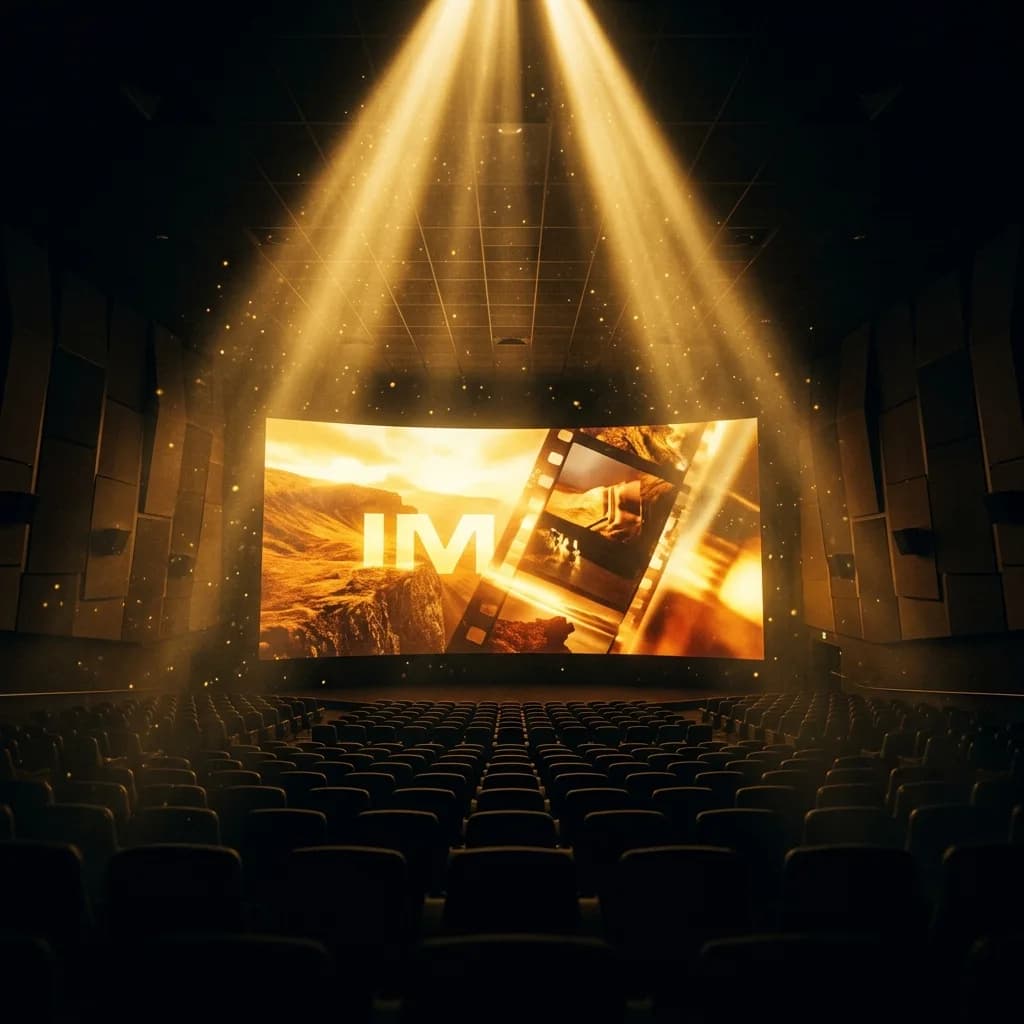 Cinematic IMAX theater with golden projector beams