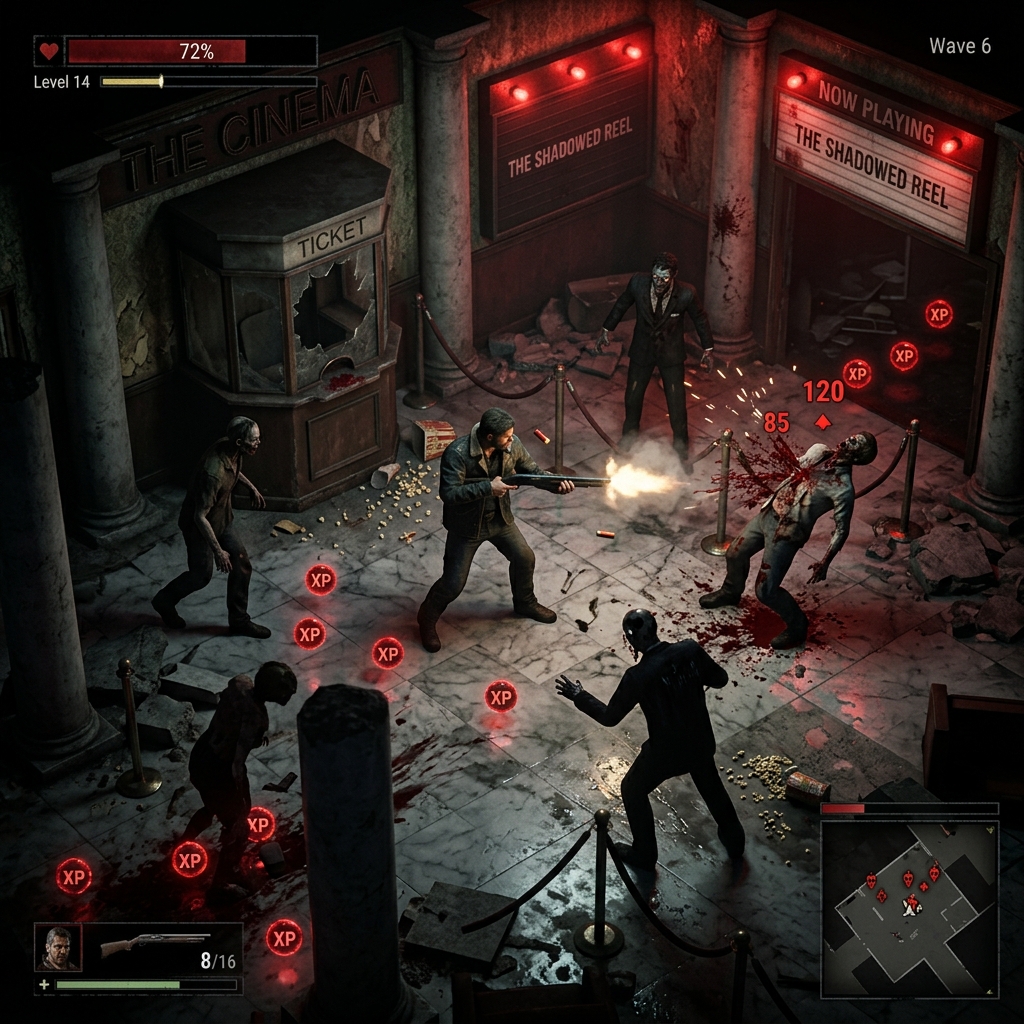 Wave 6 in the Main Lobby with XP embers scattered on cracked marble floors.
