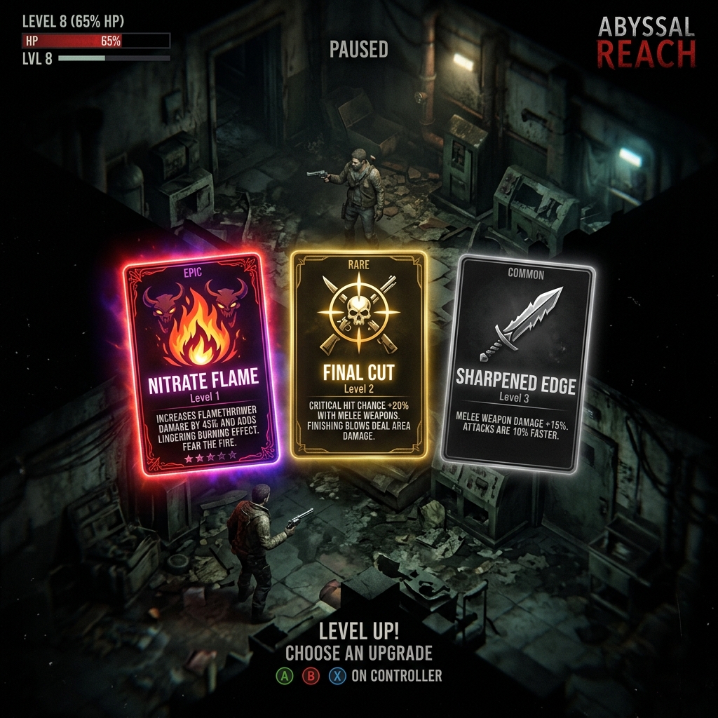 The Level-Up paused screen displaying 3 upgrade card options.