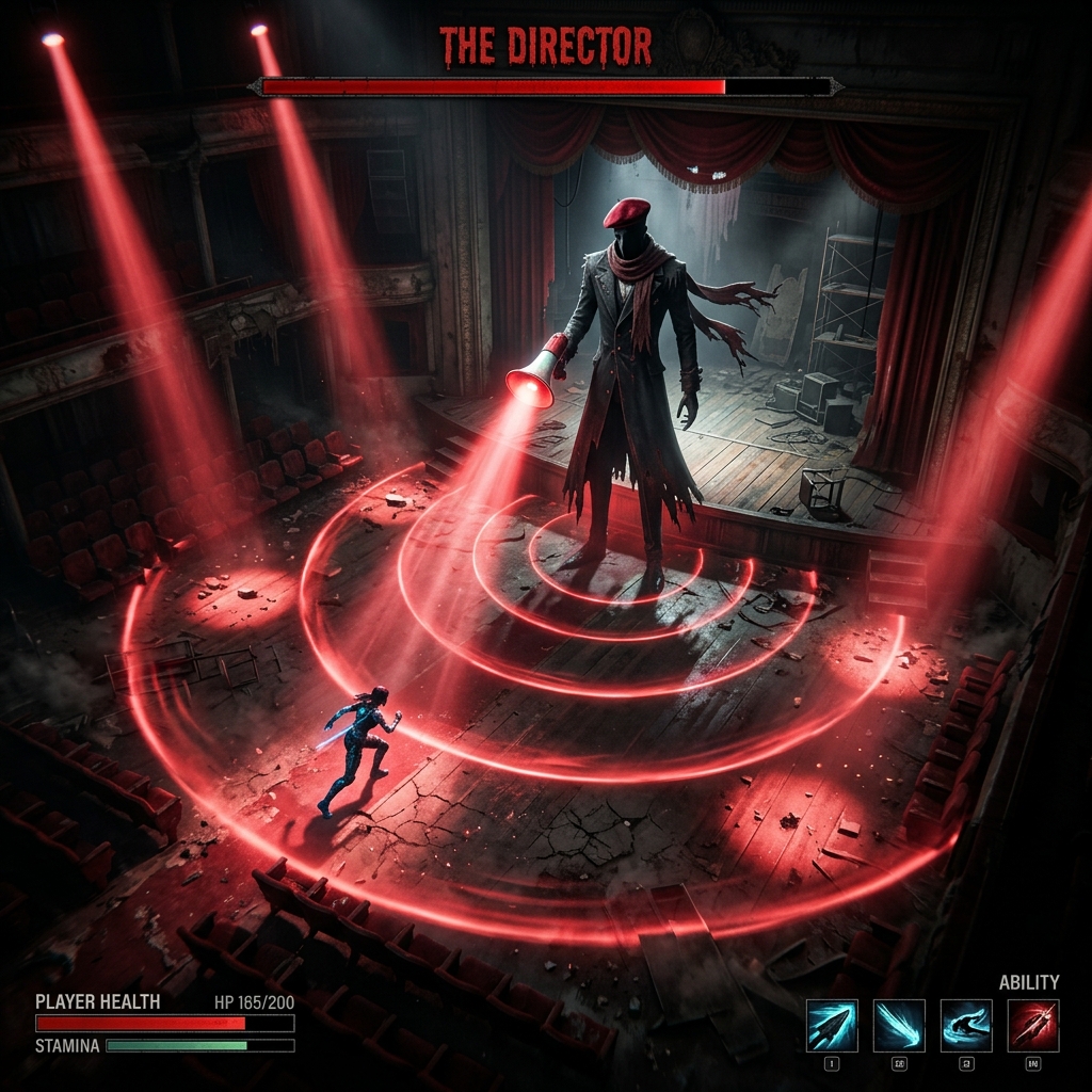 The Director Boss Fight on the Auditorium stage with expanding rings.