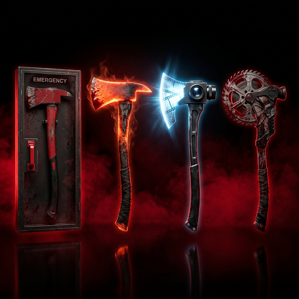 Survival weapons lineup featuring glowing axes